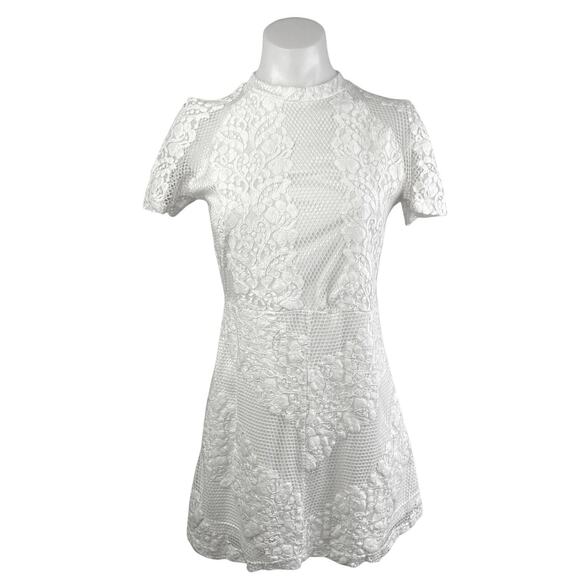 Glamorous White Lace Mock Neck Short Sleeve Sheer Mini A-Line Dress Size M - Picture 1 of 5